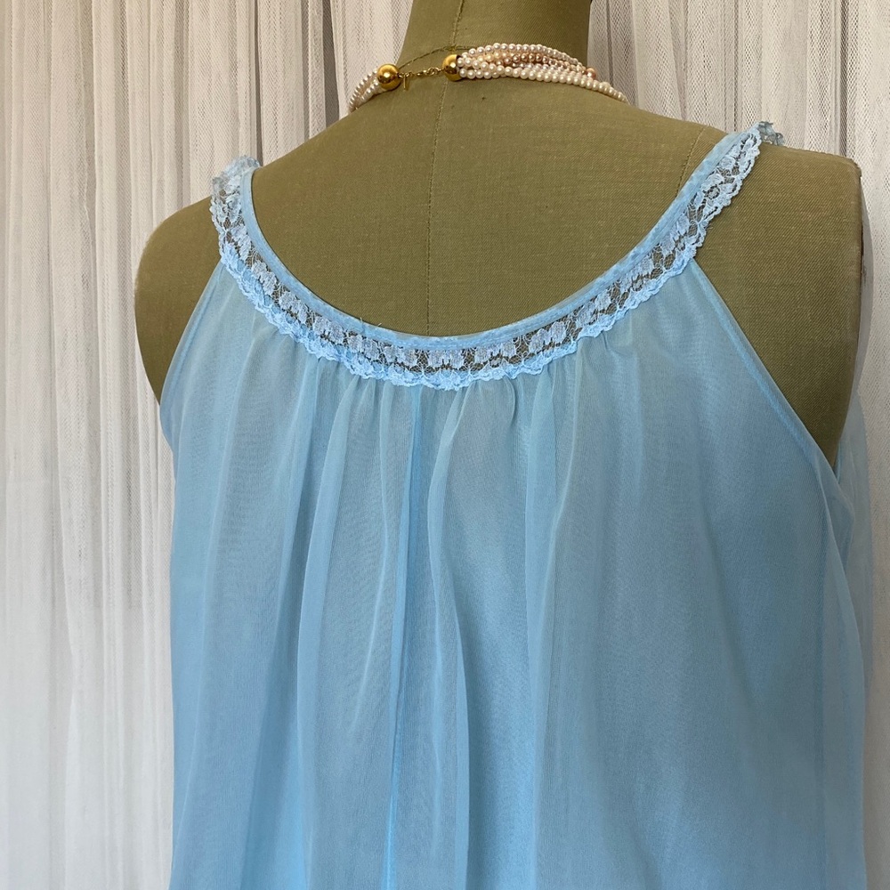 Vintage 60’s Nylon Light Blue Chiffon Maxi Nightgown Ruffle Lace Size S - Picture 5 of 11